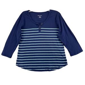 NorthCrest Women's Size XL Henley Top Blue Striped Long Sleeve Shirt Pullover